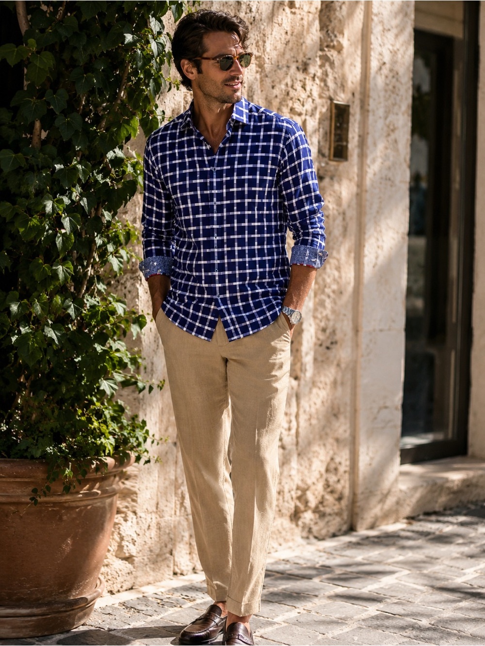 Bugatchi Uomo Navy check 100% cotton button down see measurements xl